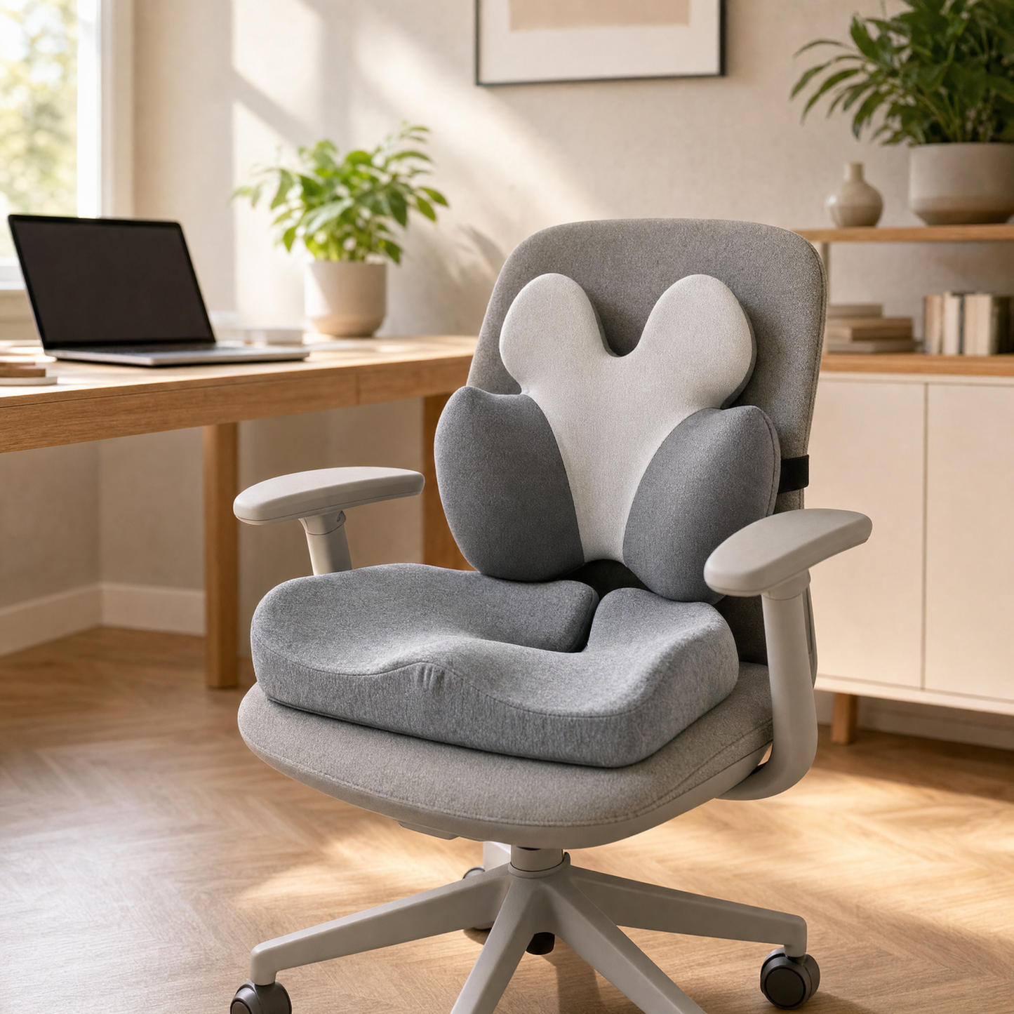 VESU Orthopedic Lumbar Cushion fitted to an office chair alongside the seat cushion