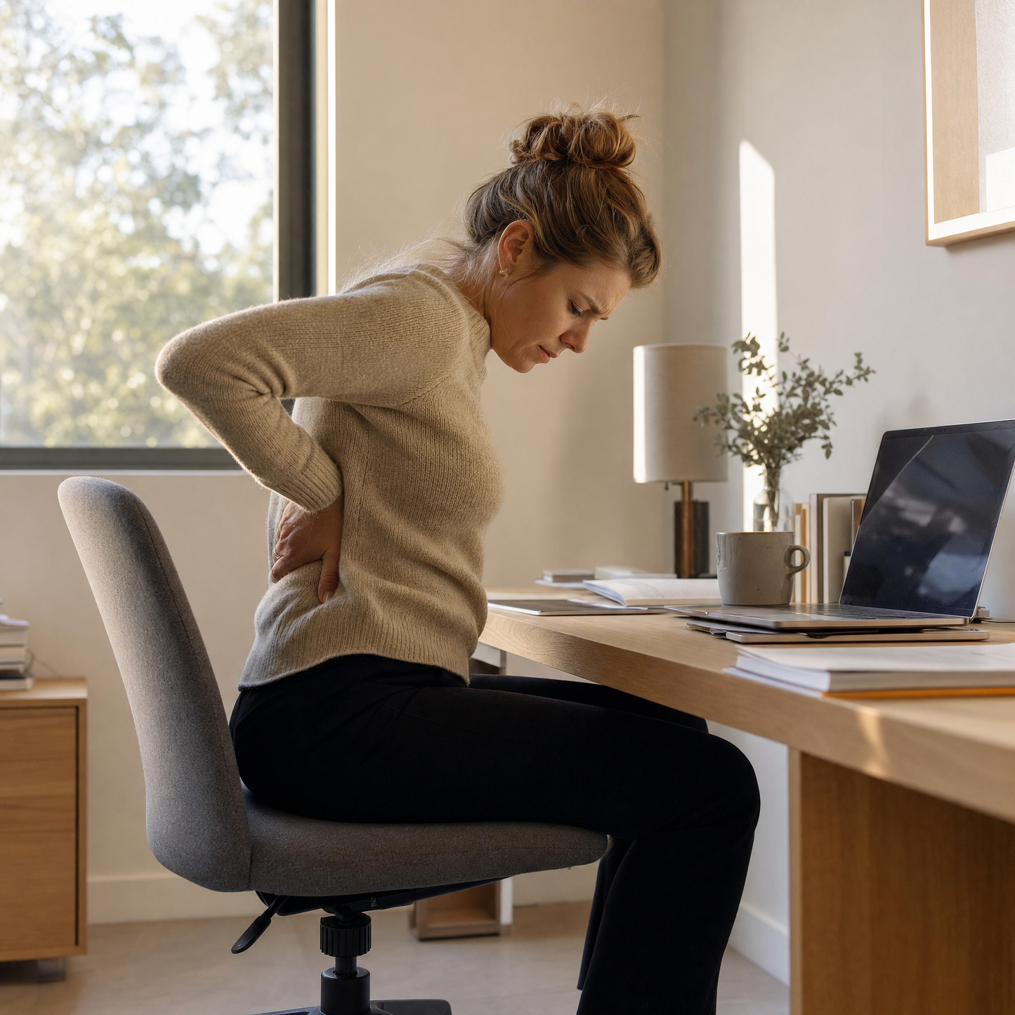 Woman at a desk late in the afternoon with a hand pressed into her lower back