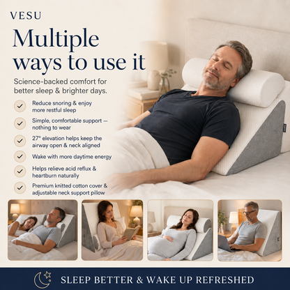 Promotional graphic for the VESU Multiple Ways to Use It sleep pillow set, featuring a man sleeping comfortably on the contoured cervical pillow, with three smaller lifestyle inset photos at the bottom showing different sleep positions. The graphic includes descriptive text and a dark blue footer.