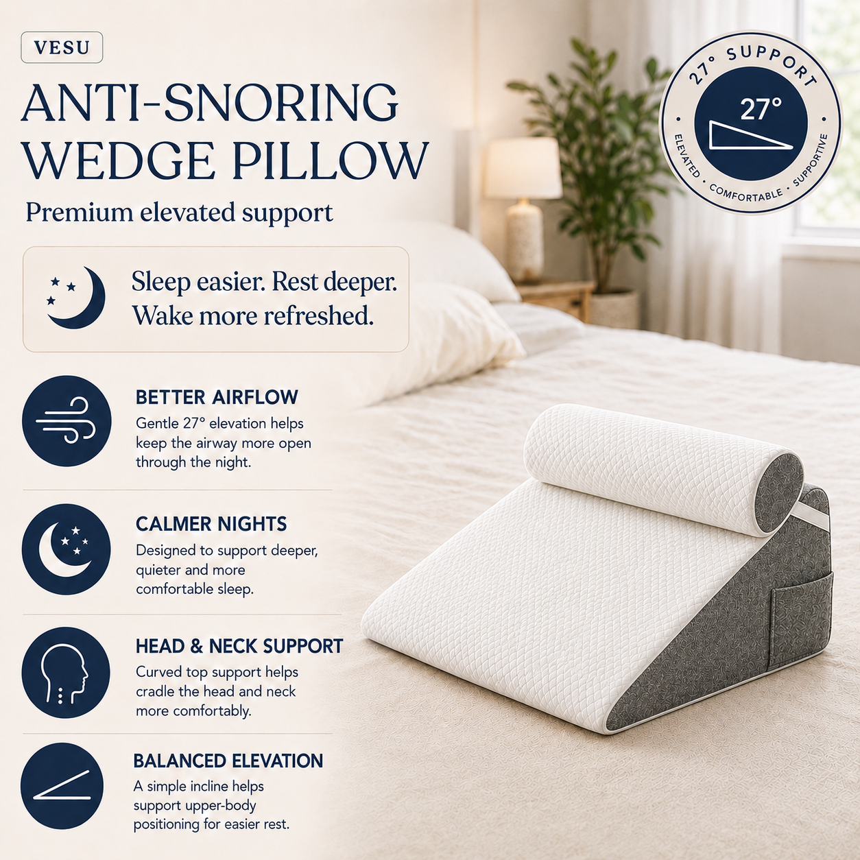 Anti-snoring wedge pillow shown on a bed in a softly lit bedroom, with marketing text and icons describing benefits such as better airflow, calmer nights, and head and neck support.