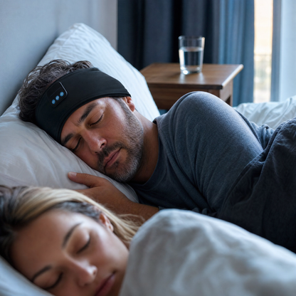Couple asleep at dawn, one wearing the VESU Sleep Headband while the other sleeps undisturbed