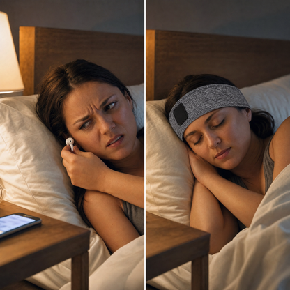 Before and after: pulling out a hard earbud and lying awake, versus asleep wearing the VESU Sleep Headband