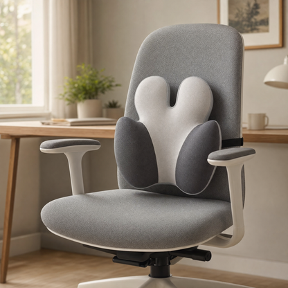 VESU Orthopedic Lumbar Cushion strapped to an office chair backrest