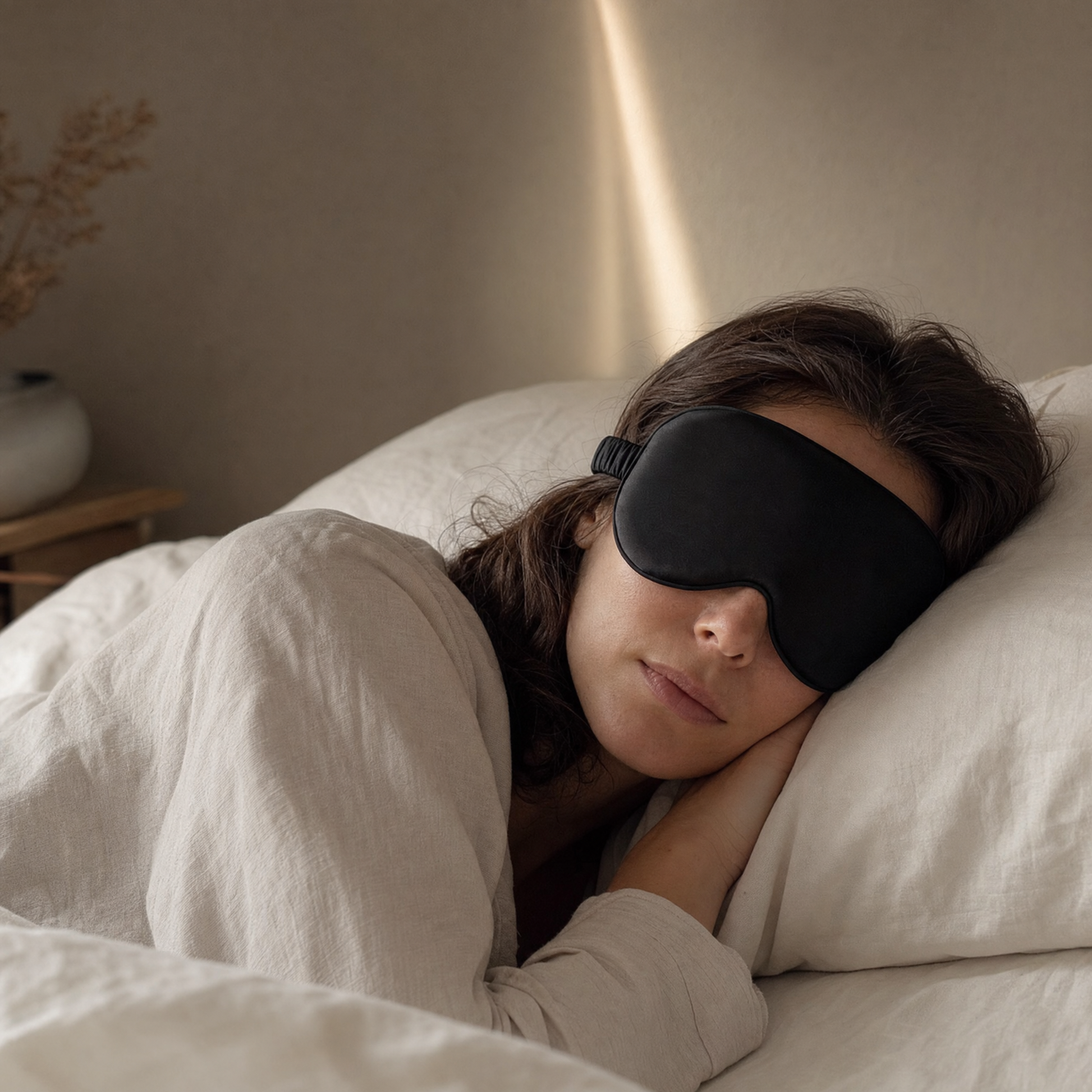 Woman asleep on her side wearing the VESU Satin Sleep Eye Mask in Midnight Black