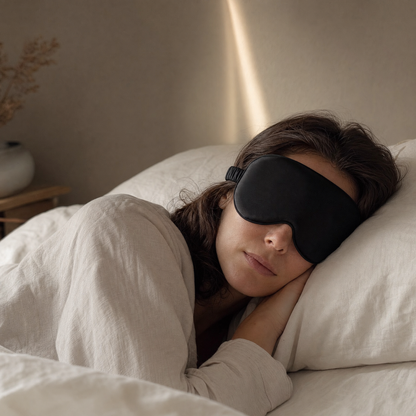 Woman asleep on her side wearing the VESU Satin Sleep Eye Mask in Midnight Black