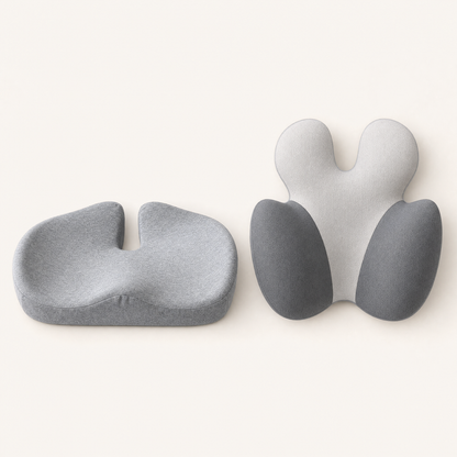 Flat lay of the VESU Orthopedic Seat + Lumbar Cushion Set