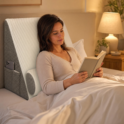 Anti-snoring wedge pillow stood upright as a back support for reading in bed