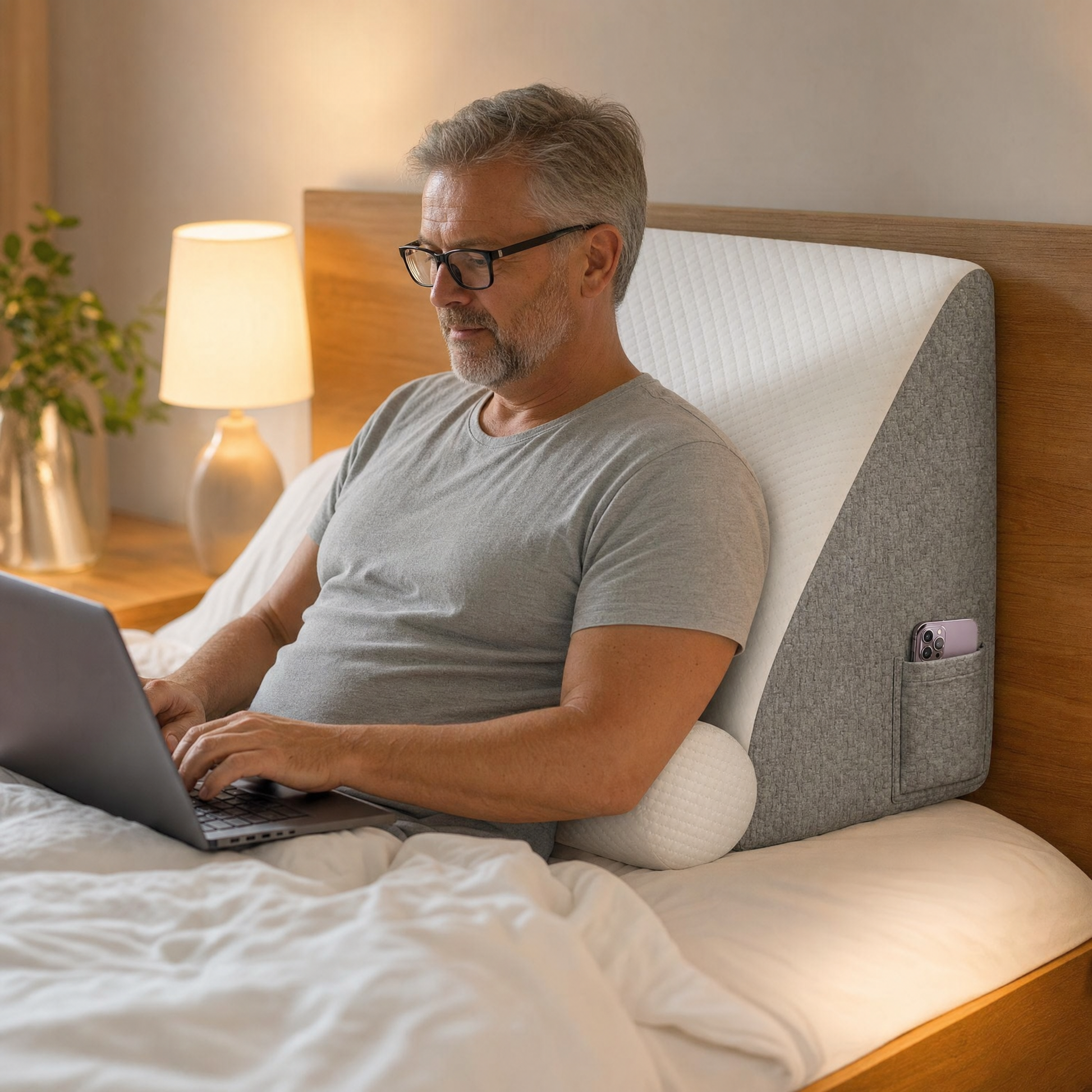 Man sitting up in bed working on a laptop with the wedge upright as a back support