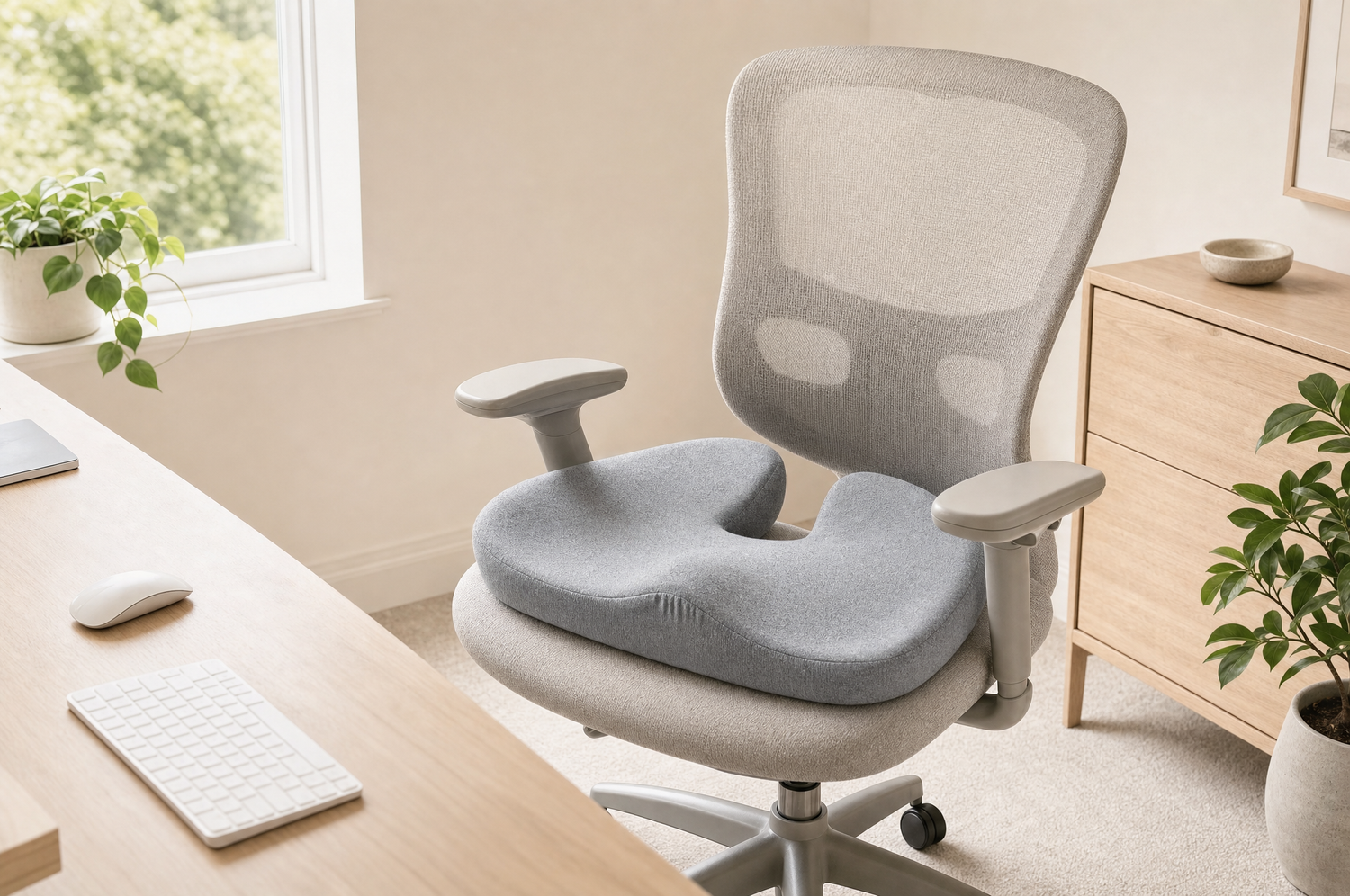 The VESU Orthopedic Seat Cushion on an office chair in a home office
