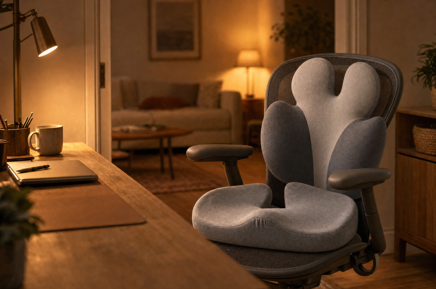 An office chair fitted with both cushions, with the evening living room beyond