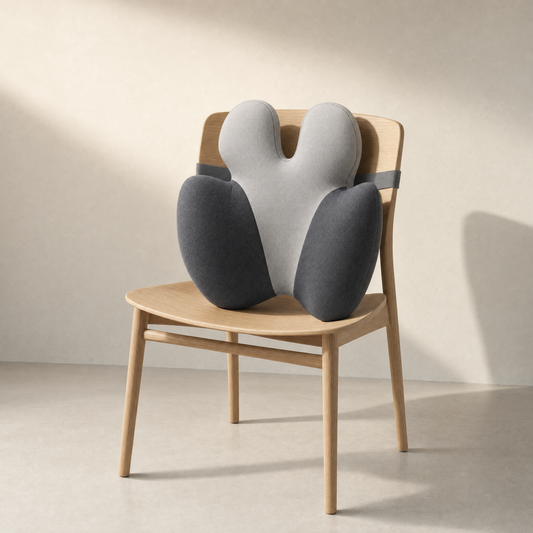 VESU Orthopedic Lumbar Cushion against a pale oak chair back in soft directional light