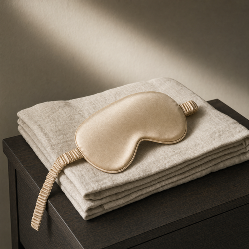 VESU Satin Sleep Eye Mask resting on folded linen on a bedside table