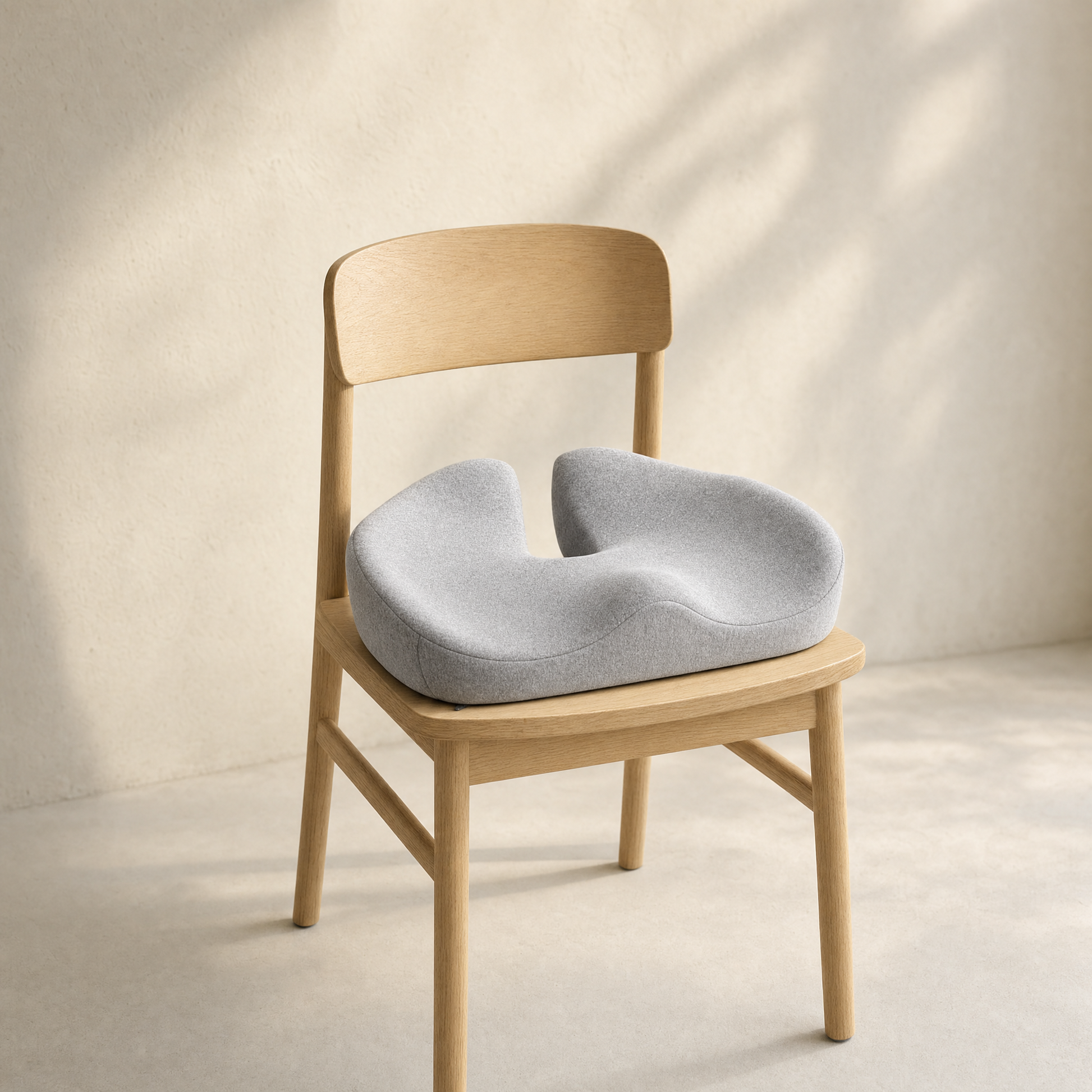 VESU Orthopedic Seat Cushion on a pale oak chair in soft directional light
