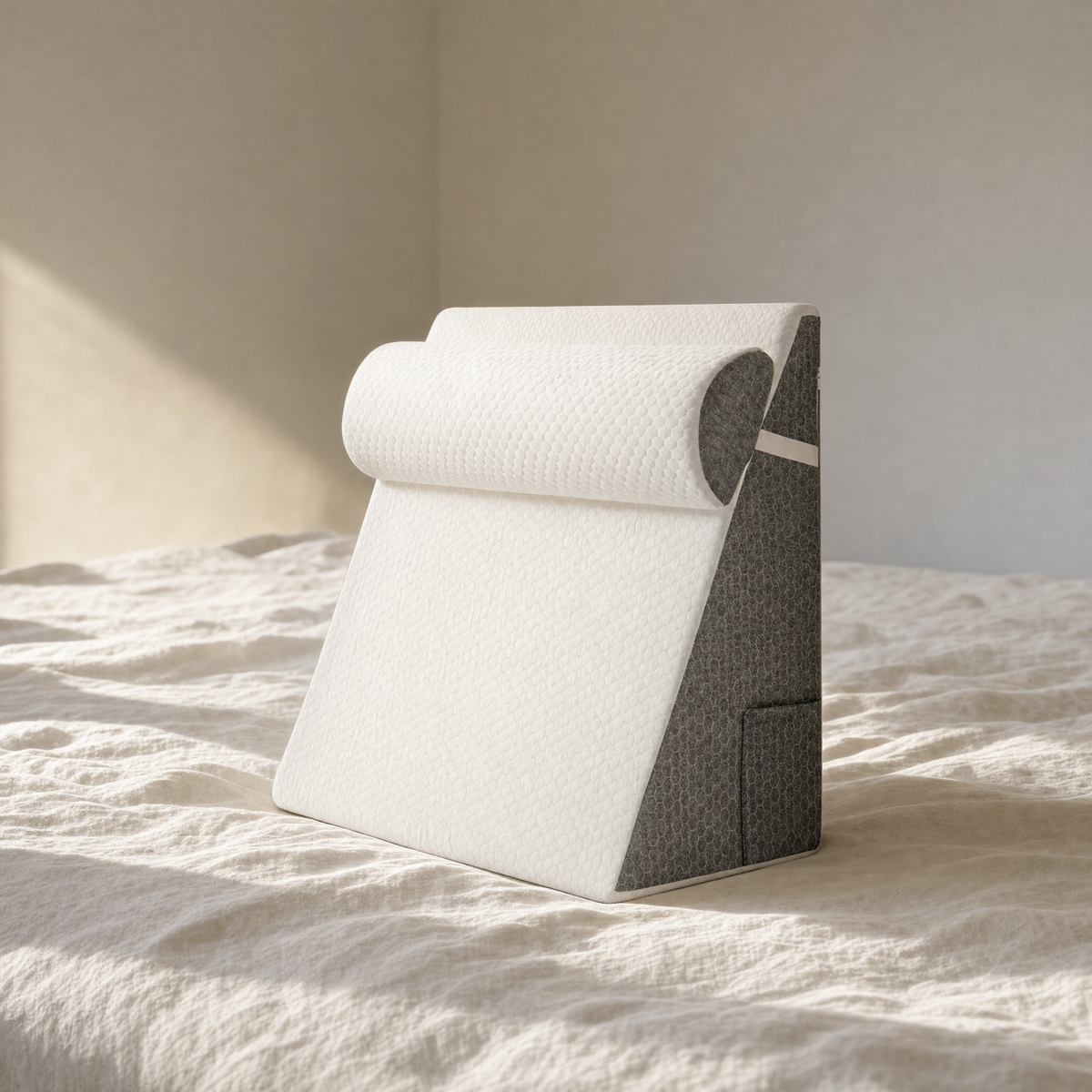 VESU Anti-Snoring Wedge Pillow on white linen bedding in soft morning light